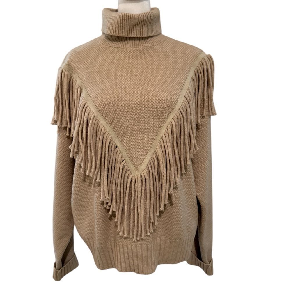 Grace + Karma Tan Turtleneck Sweater with Fringe Detail